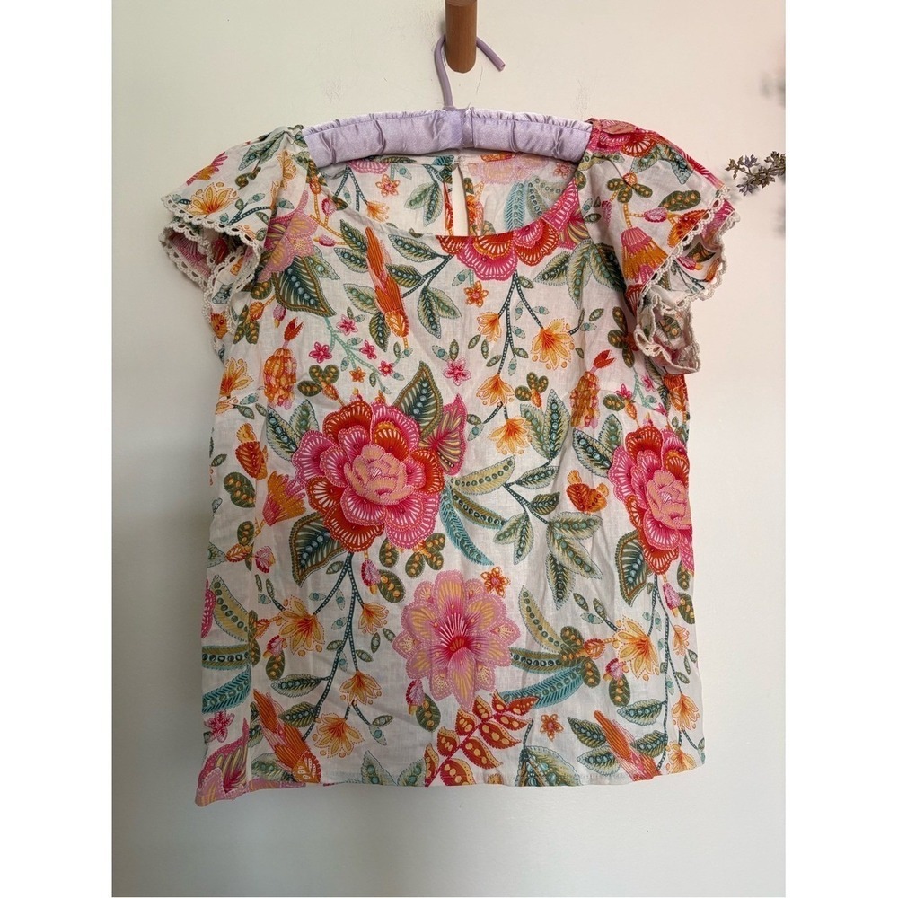 Linen Blend Colorful Floral Crochet Trim Flutter Sleeve Blouse L